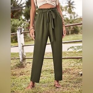 Atica Medium Paperbag Waist Knot Front Pants Olive Green Women's Pants